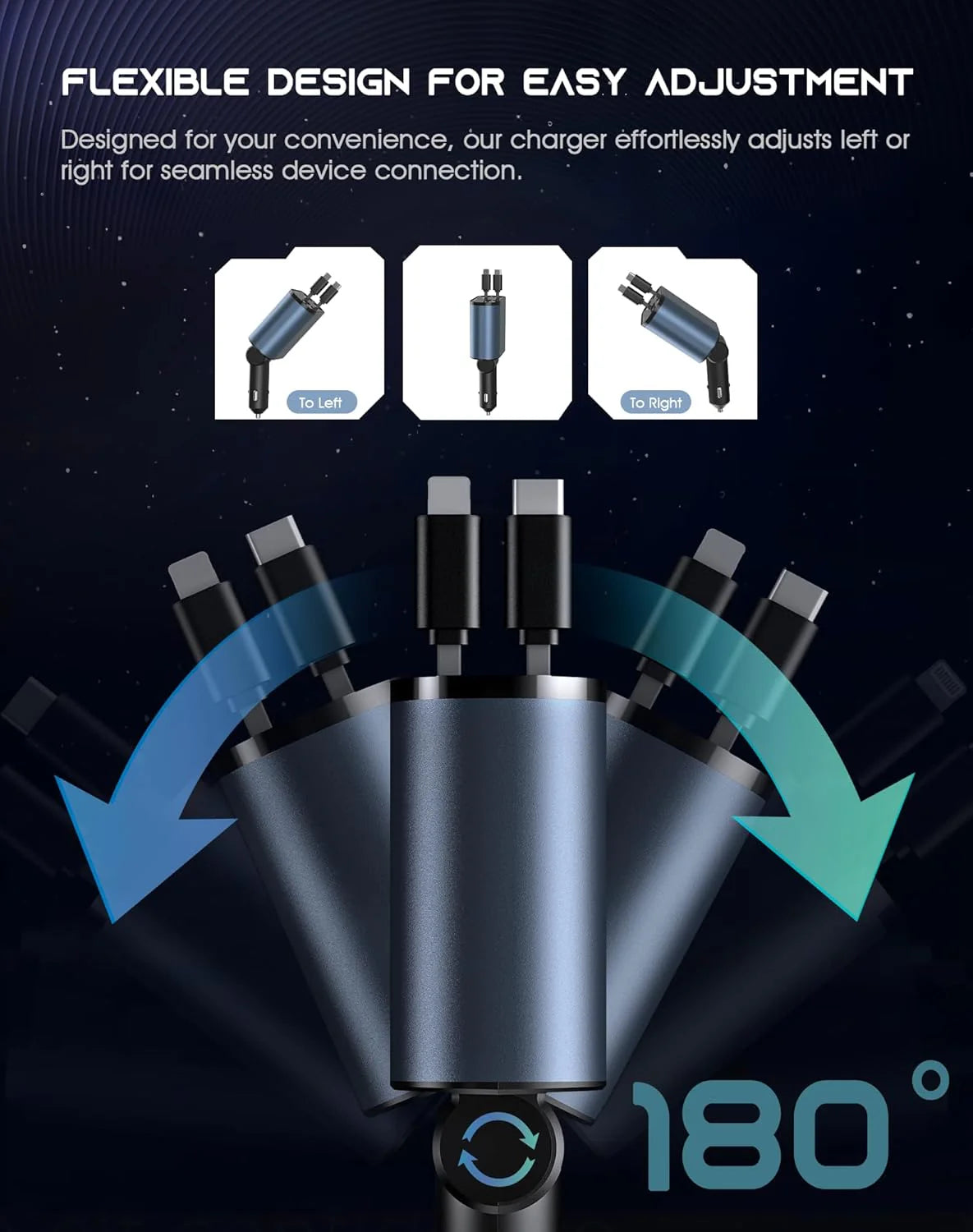 Retractable 4-in-1 Fast Car Charger 120W with USB Type-C Cable