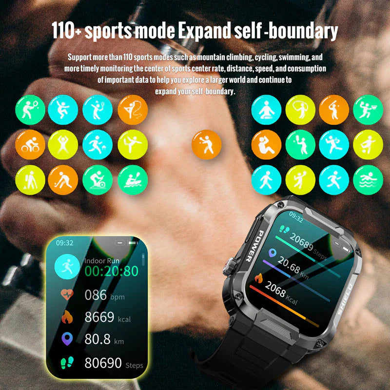 Rugged Military Smart Watch for Men - Compatible with Xiaomi, Android, and iOS - IP68 Waterproof Fitness Tracker - 1.85'' Bluetooth Calling Smartwatch - 2023 Model