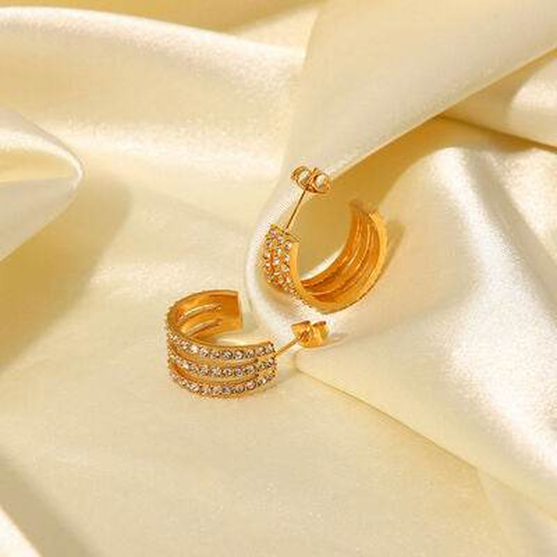 Stainless Steel Zircon Inlaid C-Hoop Earrings