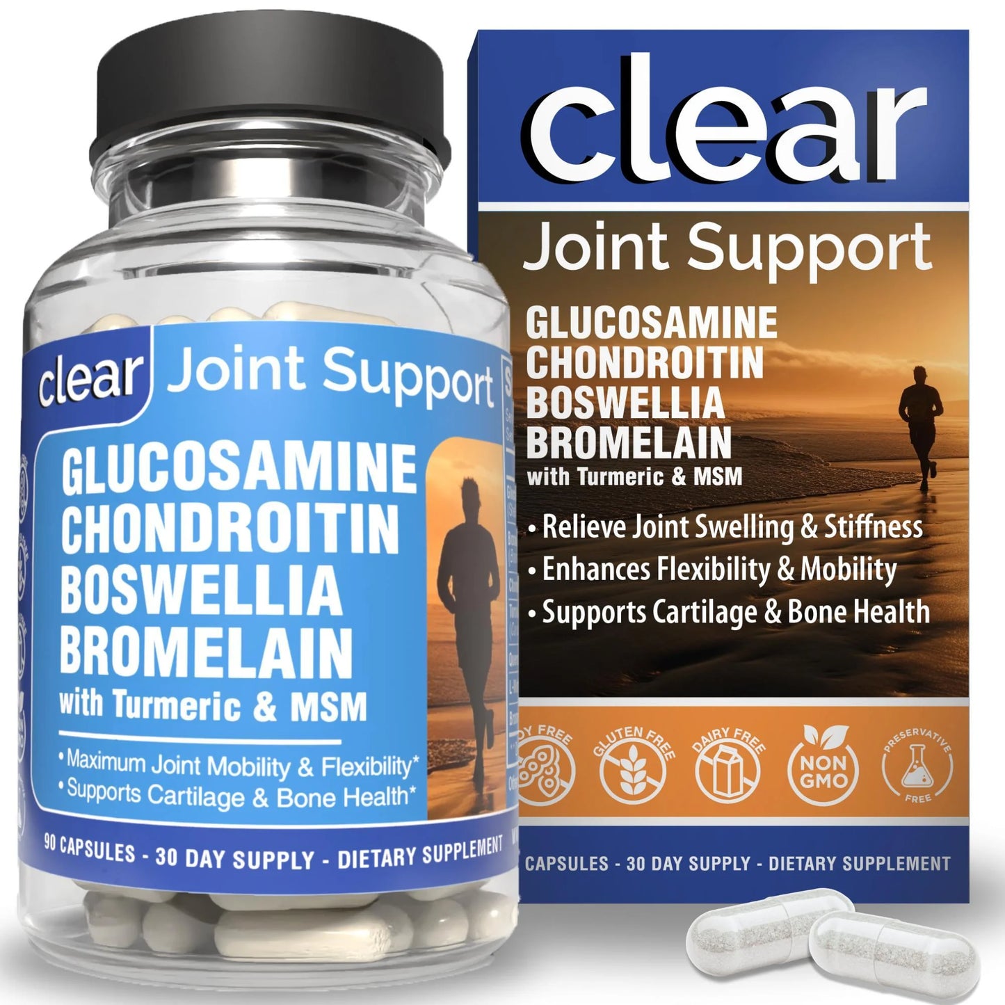 Clear Joint Support Supplement with Glucosamine, Chondroitin, MSM, and Boswellia - 90 Capsules