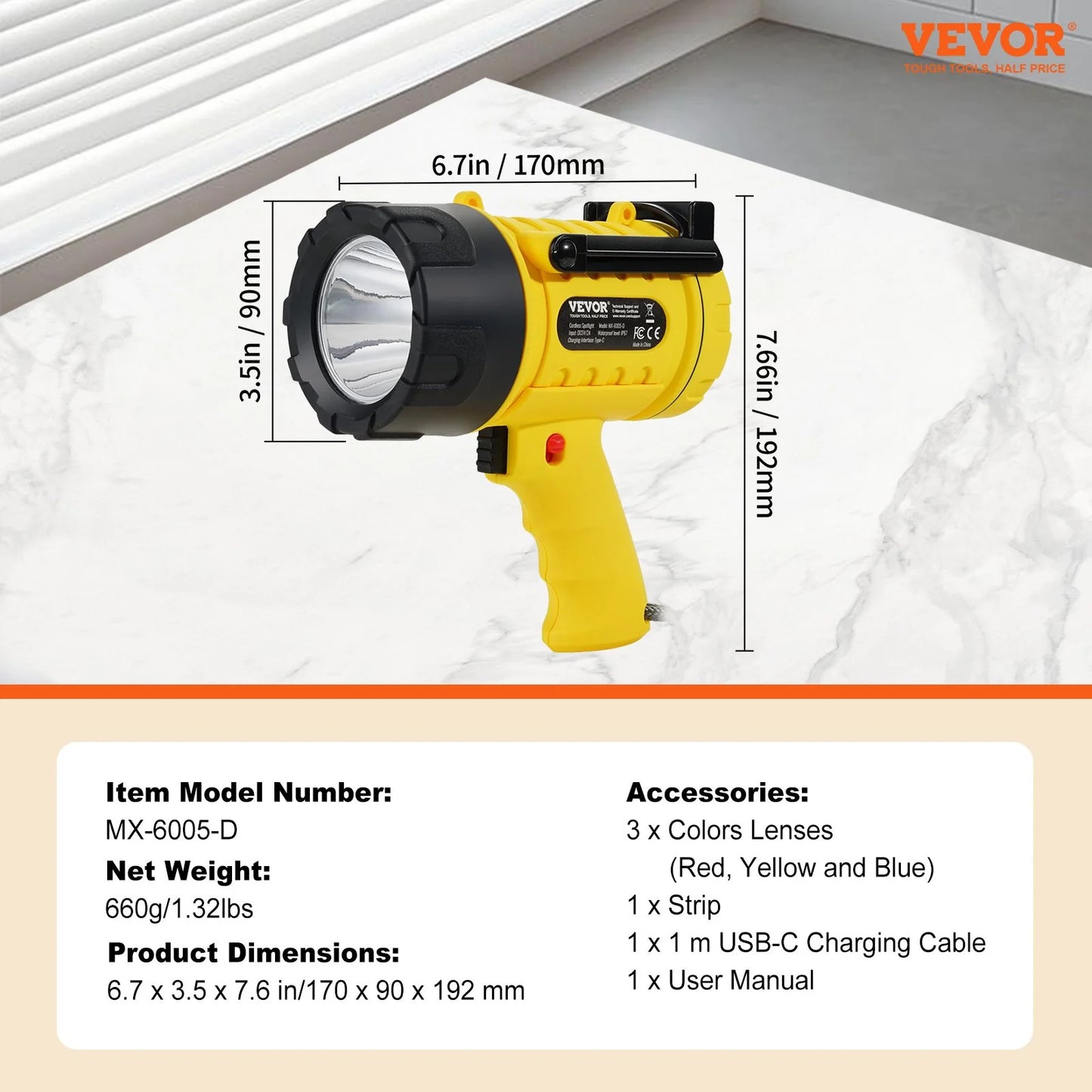 Rechargeable USB Spotlight Flashlight - 1,000,000 Lumens Searchlight