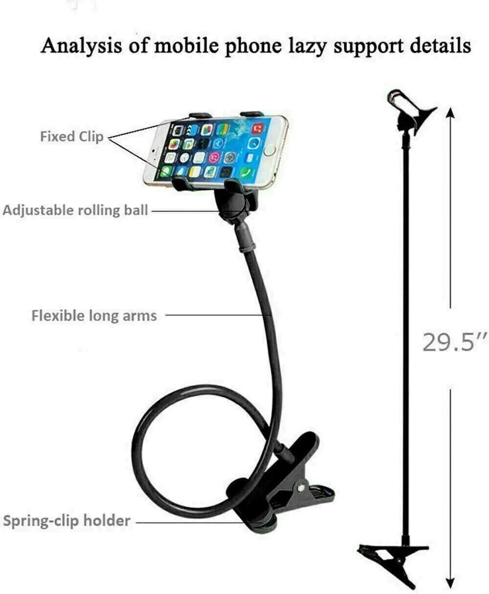 Universal Flexible Gooseneck Stand Holder for Mobile Phones with Clip for Bed, Desk, and Table Use
