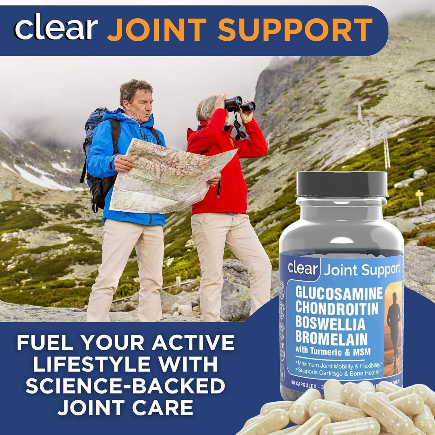 Clear Joint Support Supplement with Glucosamine, Chondroitin, MSM, and Boswellia - 90 Capsules