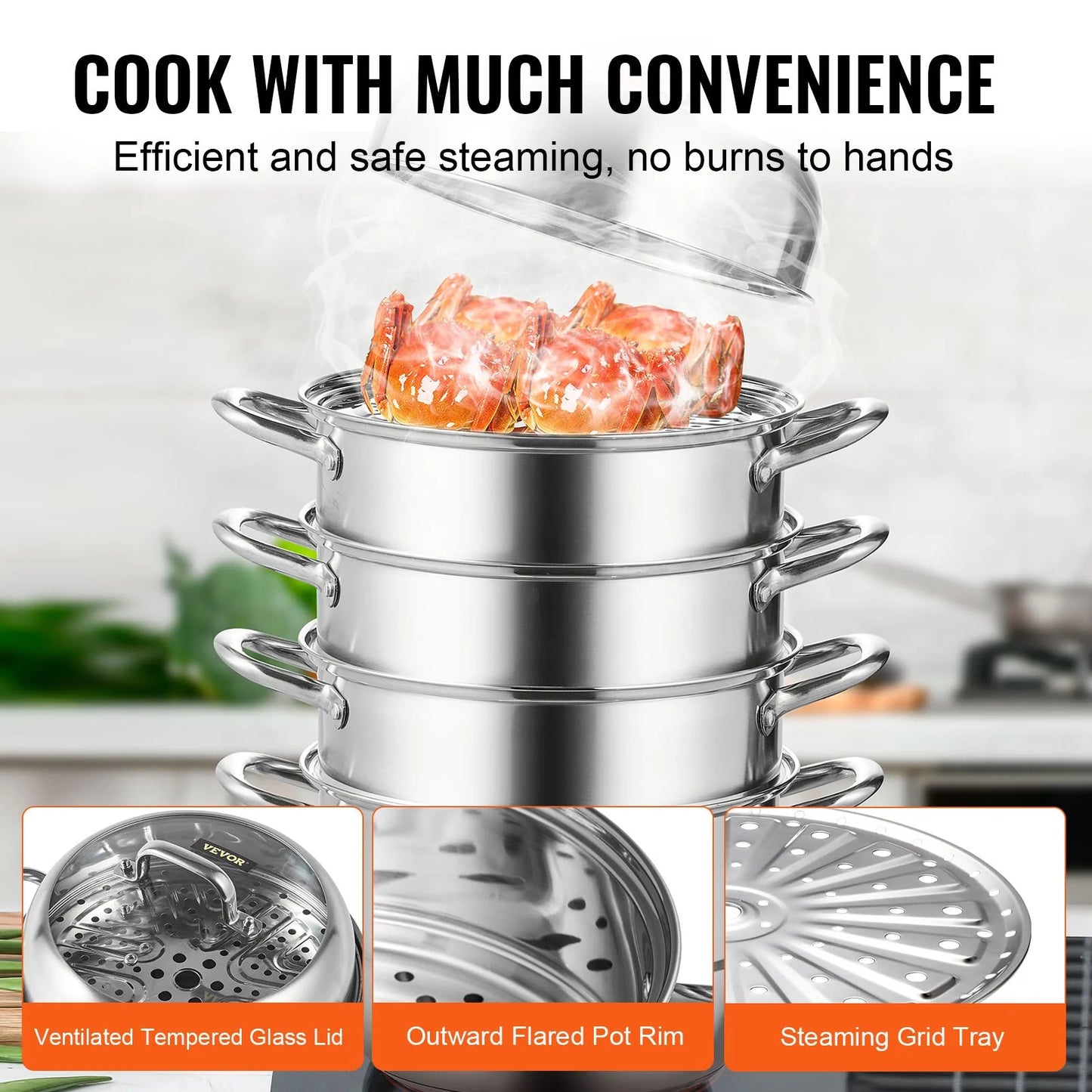 VEVOR Dumpling Steamer Stainless Steel 5 Titer for for Cook Soup, Noodles, Fishes Work with Gas Electric Grill Stove Top, Dia 30Cm/11.8Inch, Pot