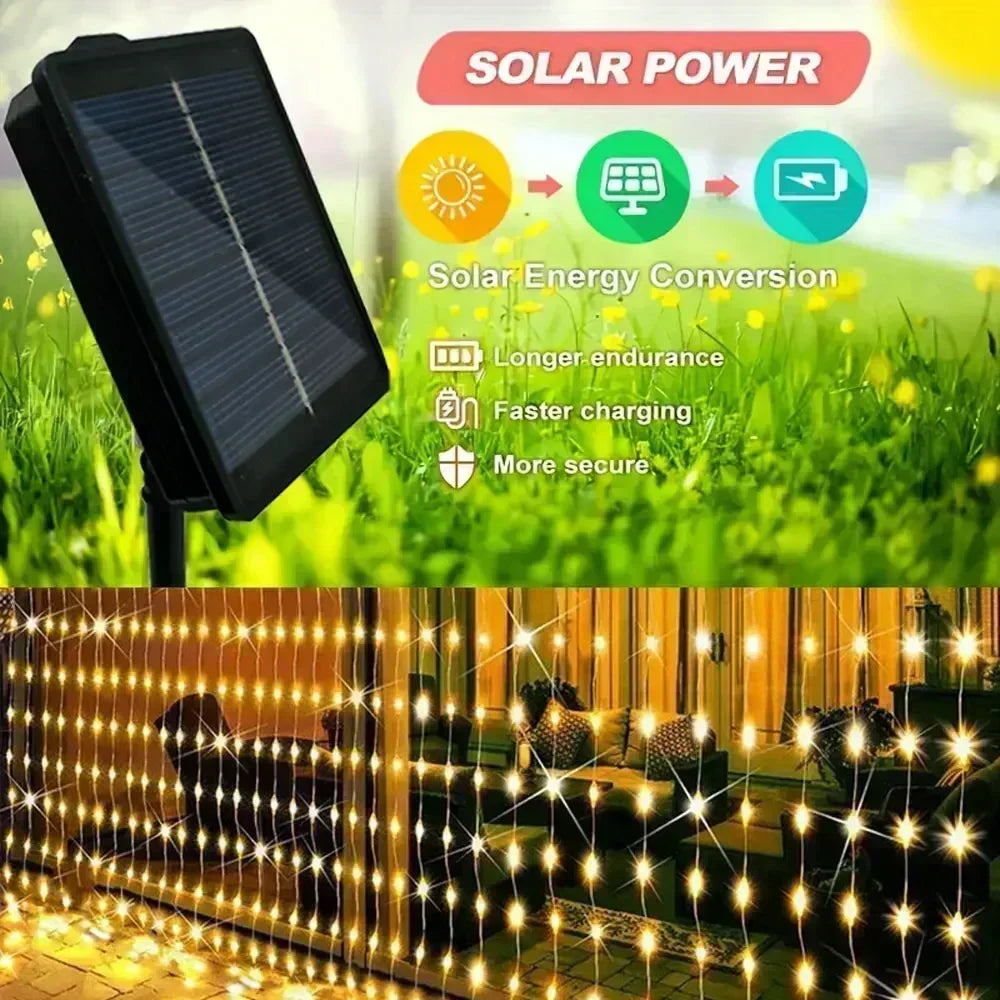 Outdoor Solar LED Curtain Fairy Lights - Decorative String Lights for Christmas and Weddings, Available in 600/300/200/100 LEDs