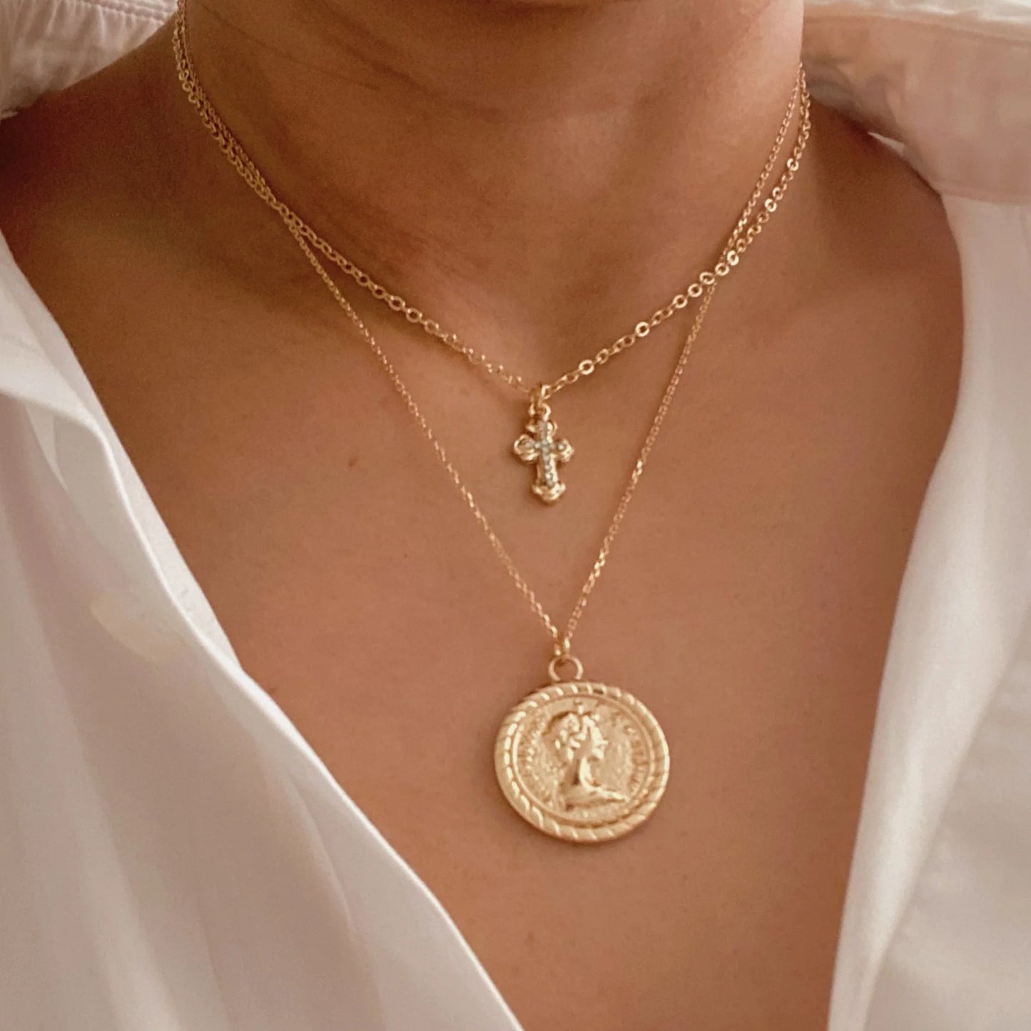 Layered Necklace with Cross and Coin Design