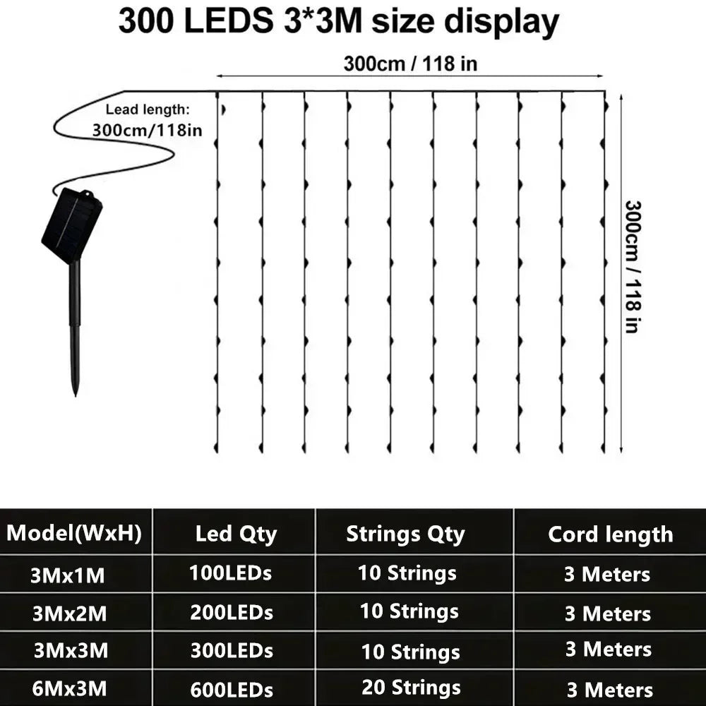 Outdoor Solar LED Curtain Fairy Lights - Decorative String Lights for Christmas and Weddings, Available in 600/300/200/100 LEDs