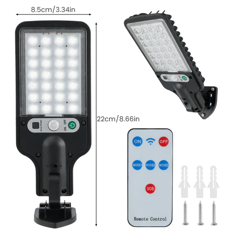 LED Solar Street Light with Remote Control, COB Technology, PIR Motion Sensor, IP65 Waterproof Outdoor Wall Lamp