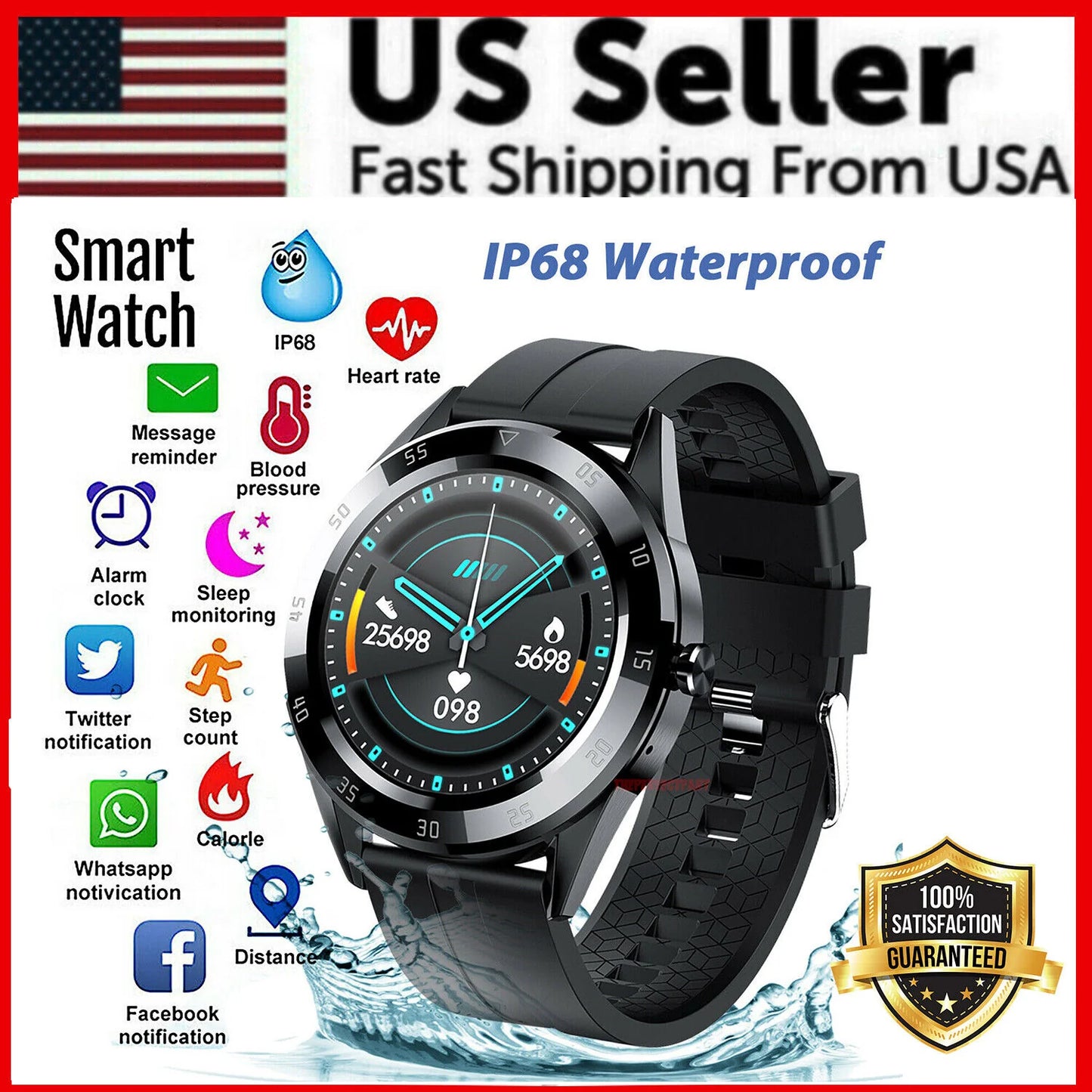 Waterproof Bluetooth Smartwatch with Heart Rate Monitoring for iOS and Android
