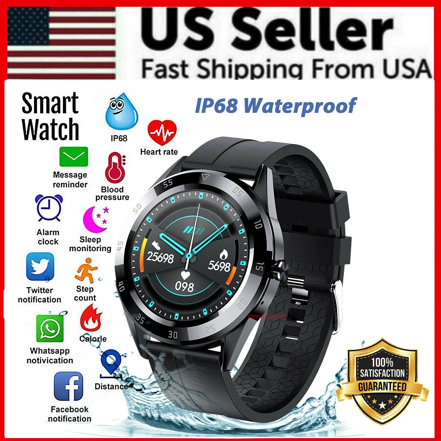 Waterproof Bluetooth Smartwatch with Heart Rate Monitoring for iOS and Android