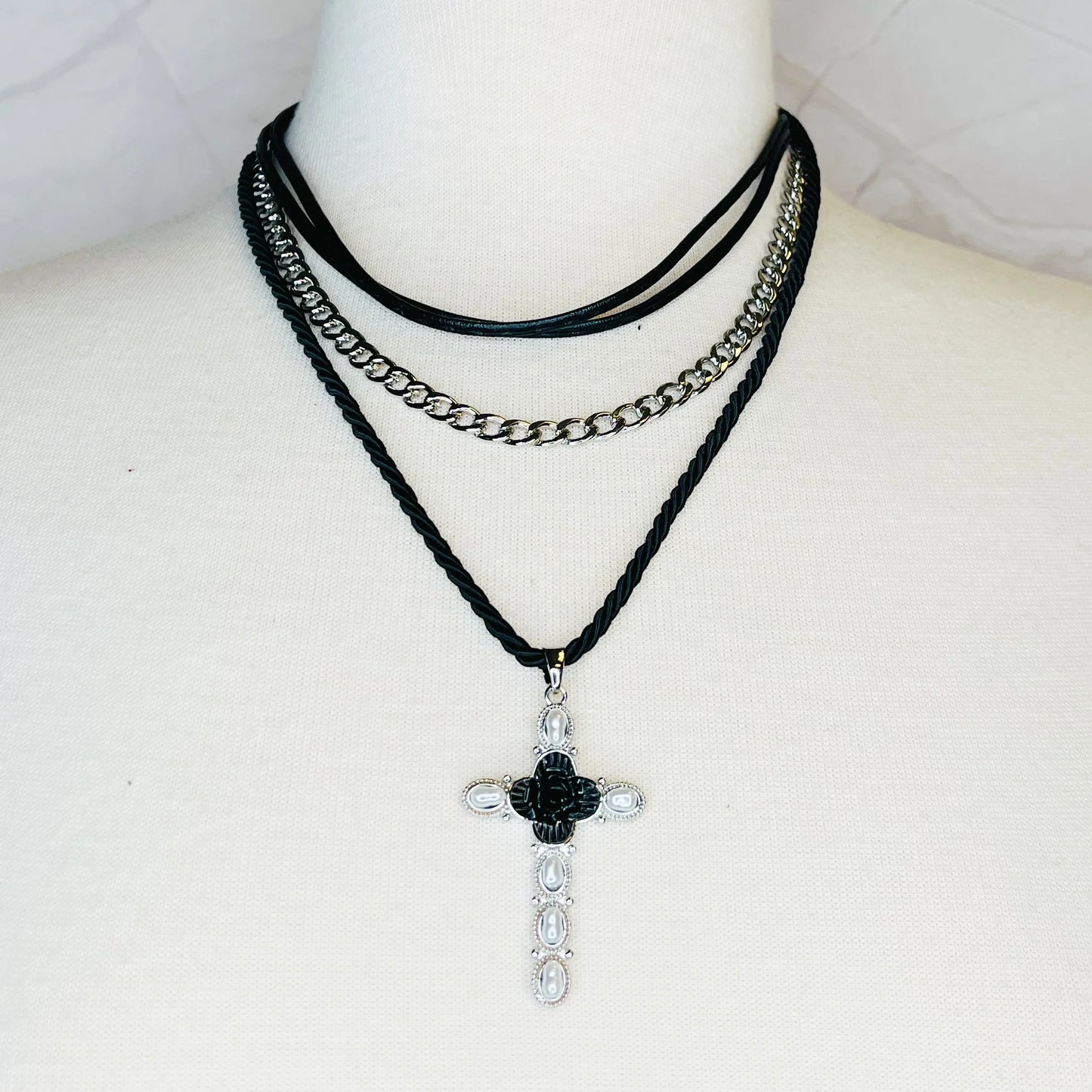 Elegant Layered Black Rose Cross Necklace