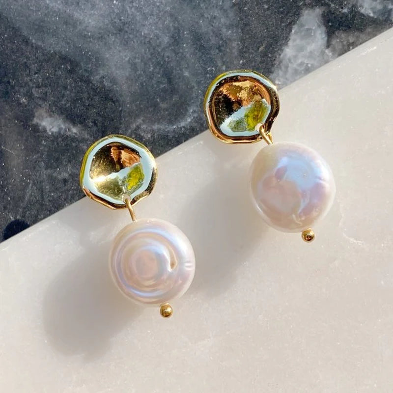Golden Shell Pearl Dangle Earrings