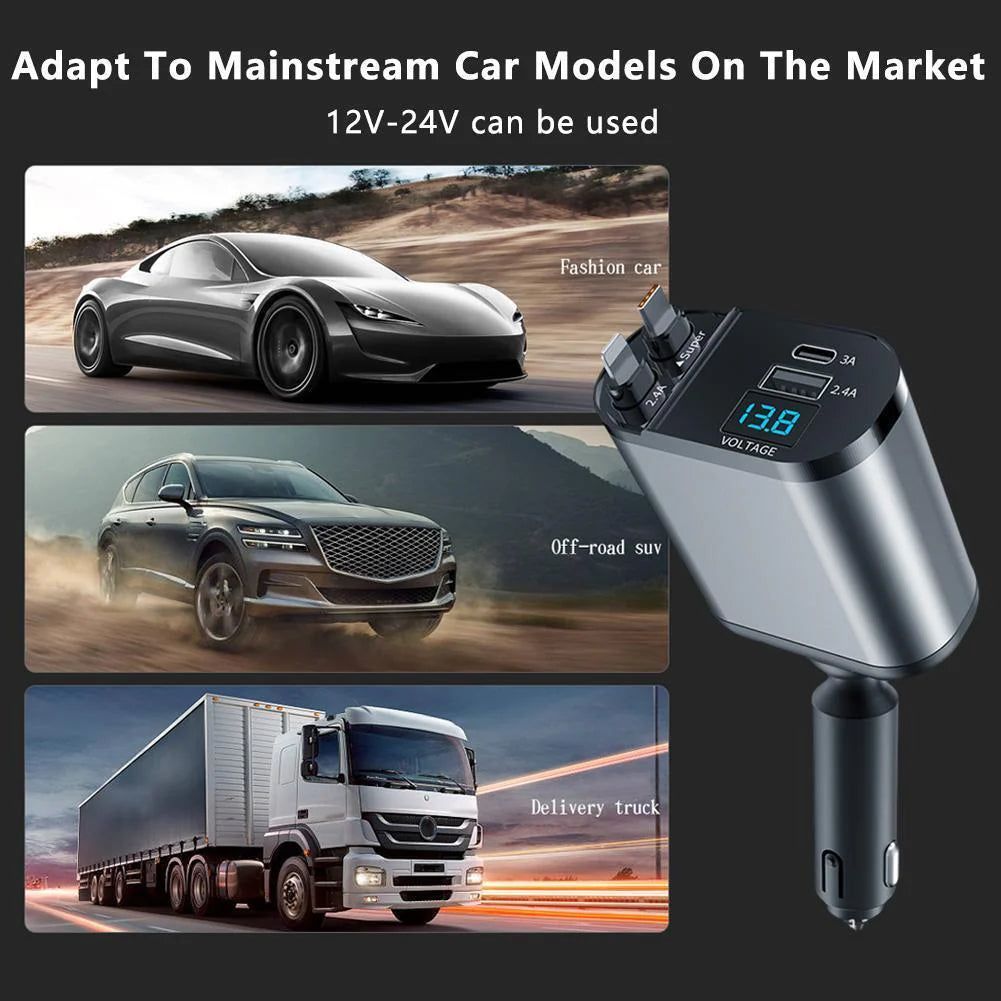 Retractable 4-in-1 Fast Car Charger 120W with USB Type-C Cable