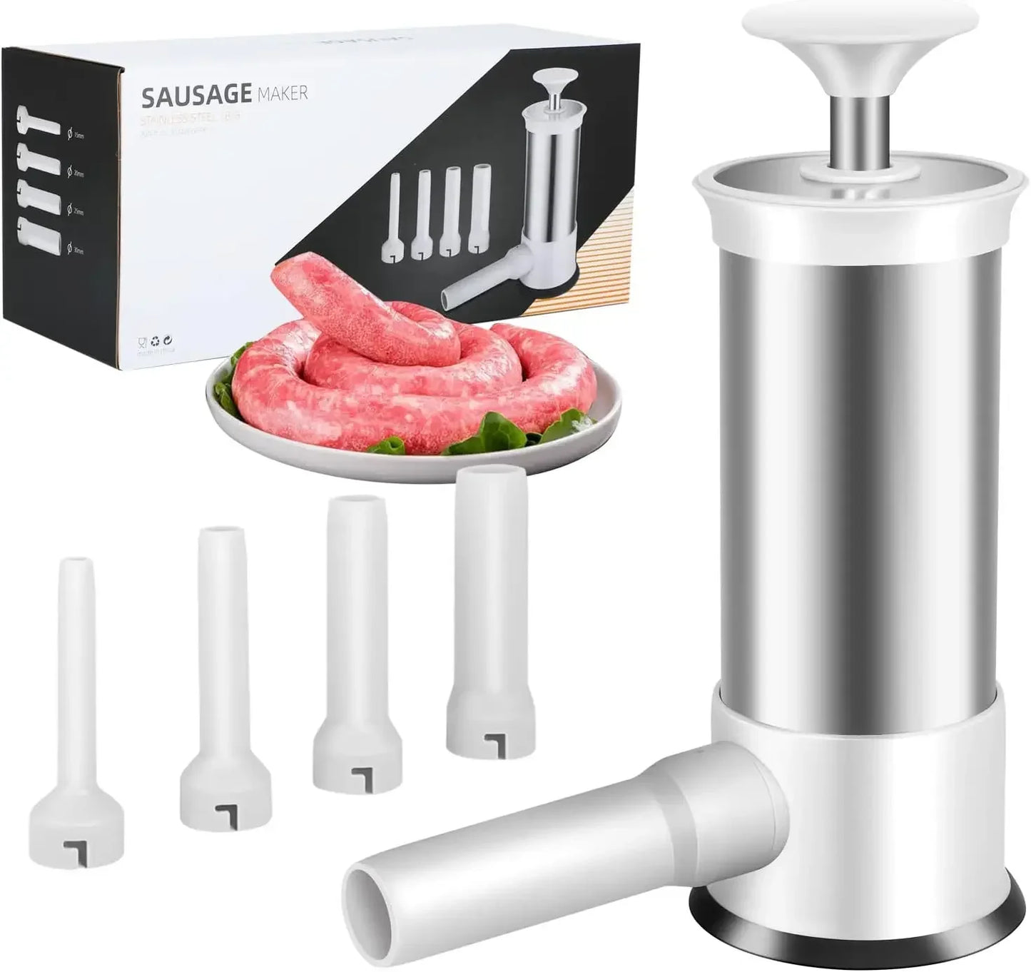 Stainless Steel Sausage Stuffer Machine for Homemade Sausage with 4 Stuffing Tubes - Kitchen Meat Filling Tool
