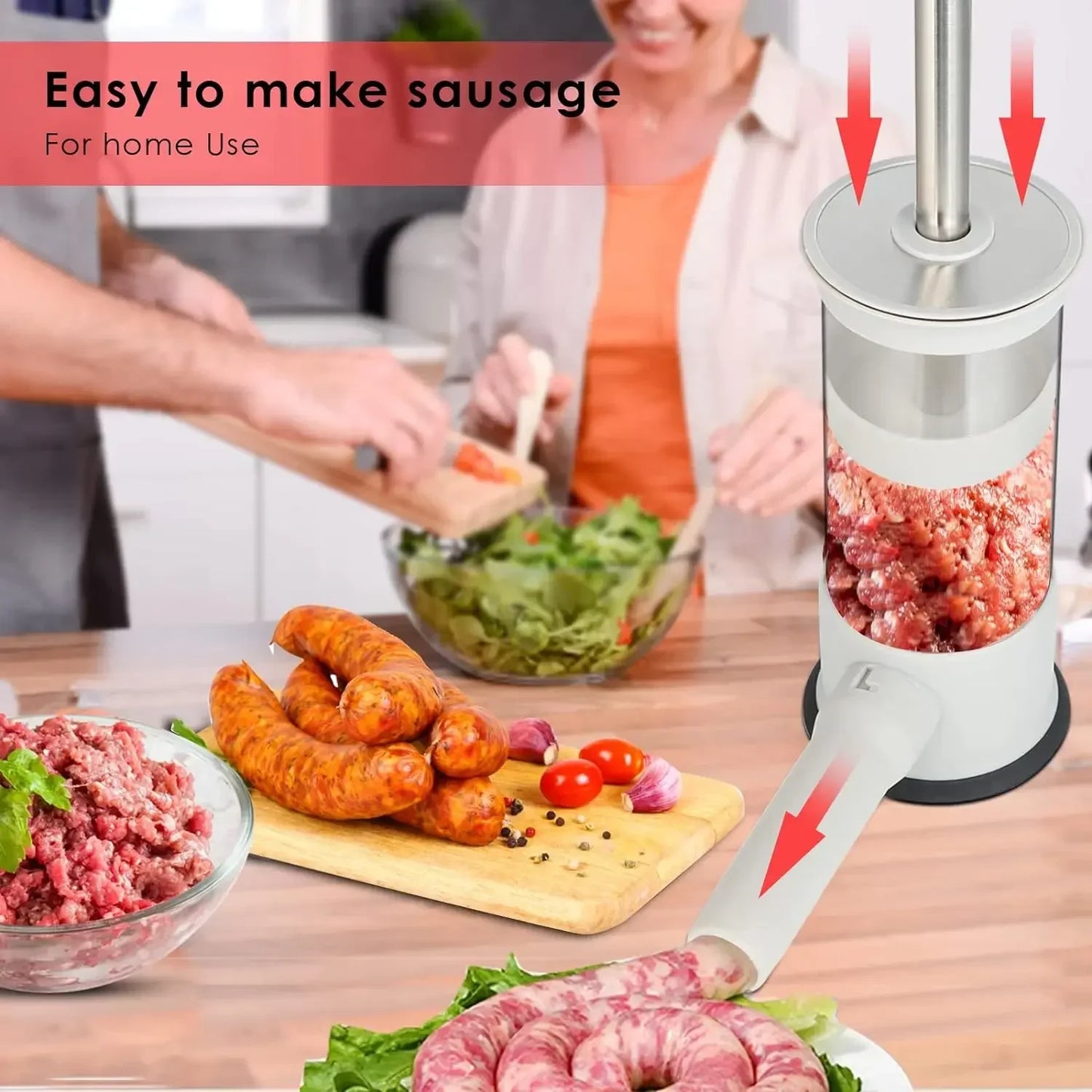 Stainless Steel Sausage Stuffer Machine for Homemade Sausage with 4 Stuffing Tubes - Kitchen Meat Filling Tool