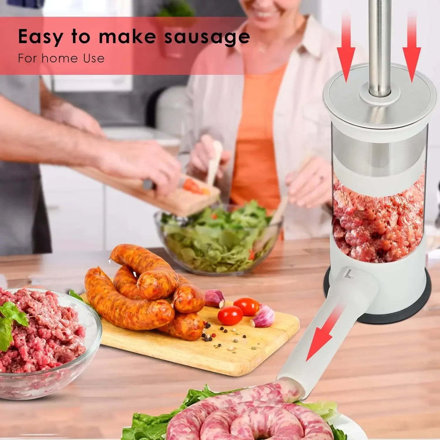 Stainless Steel Sausage Stuffer Machine for Homemade Sausage with 4 Stuffing Tubes - Kitchen Meat Filling Tool