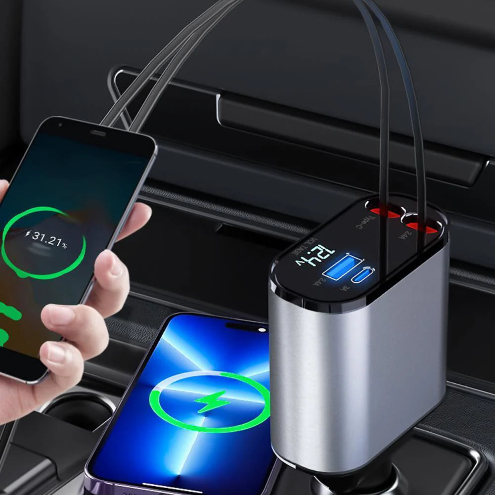 Retractable 4-in-1 Fast Car Charger 120W with USB Type-C Cable