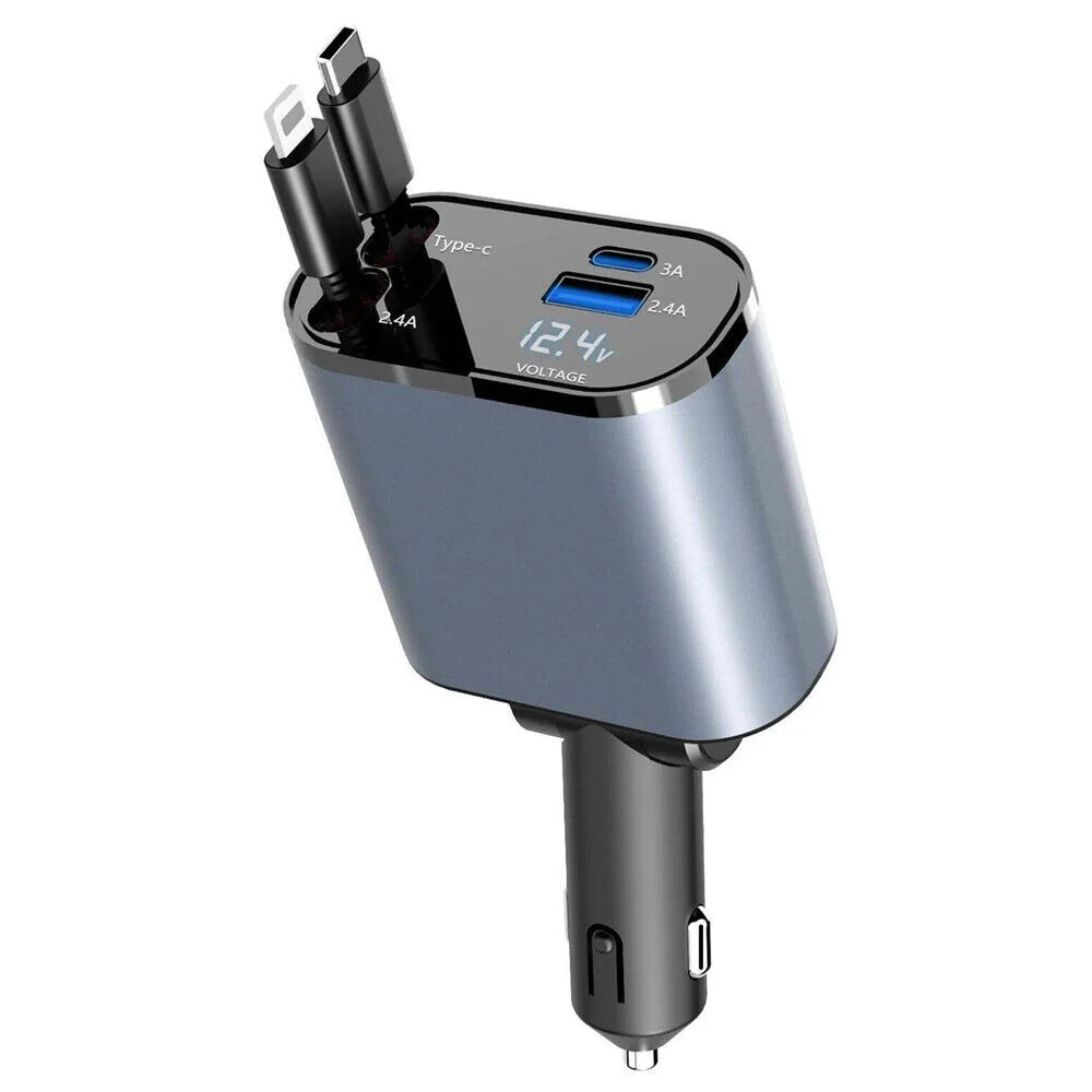 Retractable 4-in-1 Fast Car Charger 120W with USB Type-C Cable
