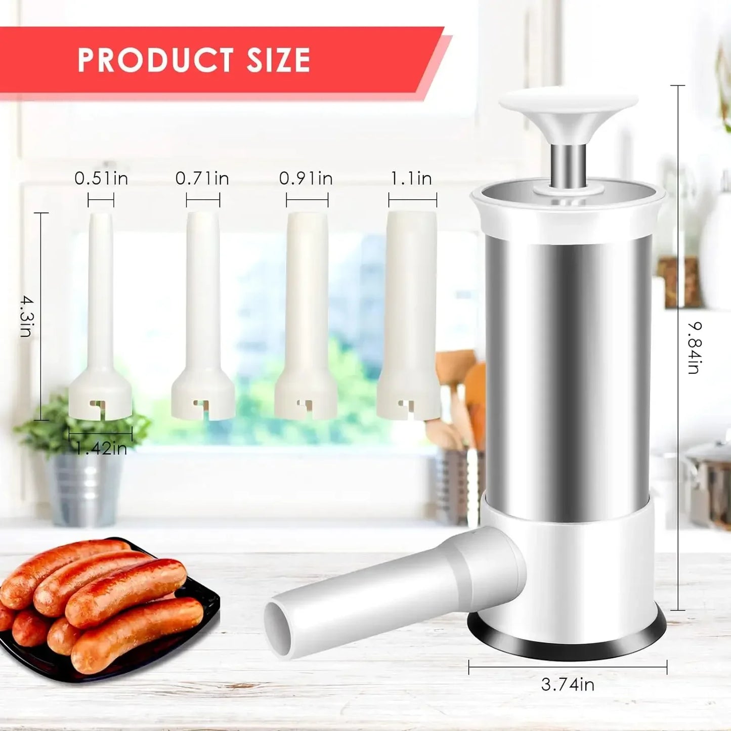 Stainless Steel Sausage Stuffer Machine for Homemade Sausage with 4 Stuffing Tubes - Kitchen Meat Filling Tool
