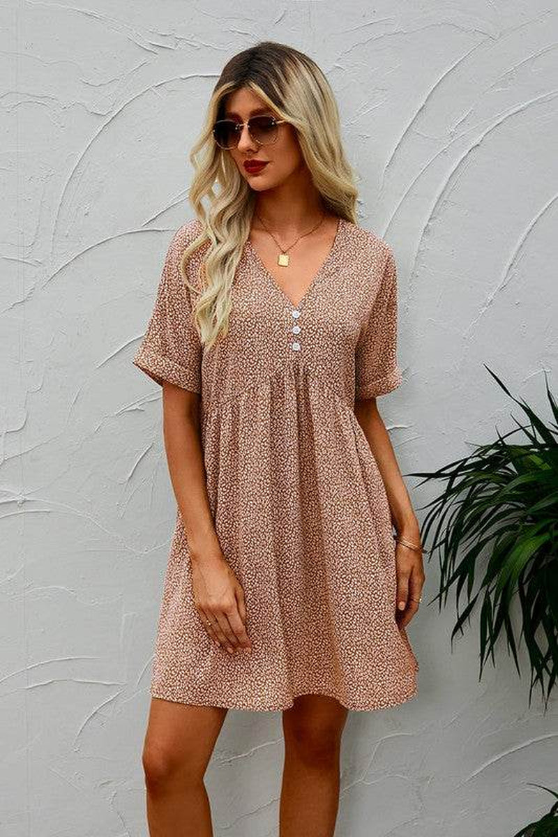 V-Neck Short Sleeve Tunic Dress with Button Detail