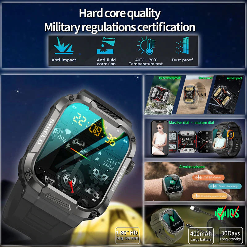 Rugged Military Smart Watch for Men - Compatible with Xiaomi, Android, and iOS - IP68 Waterproof Fitness Tracker - 1.85'' Bluetooth Calling Smartwatch - 2023 Model