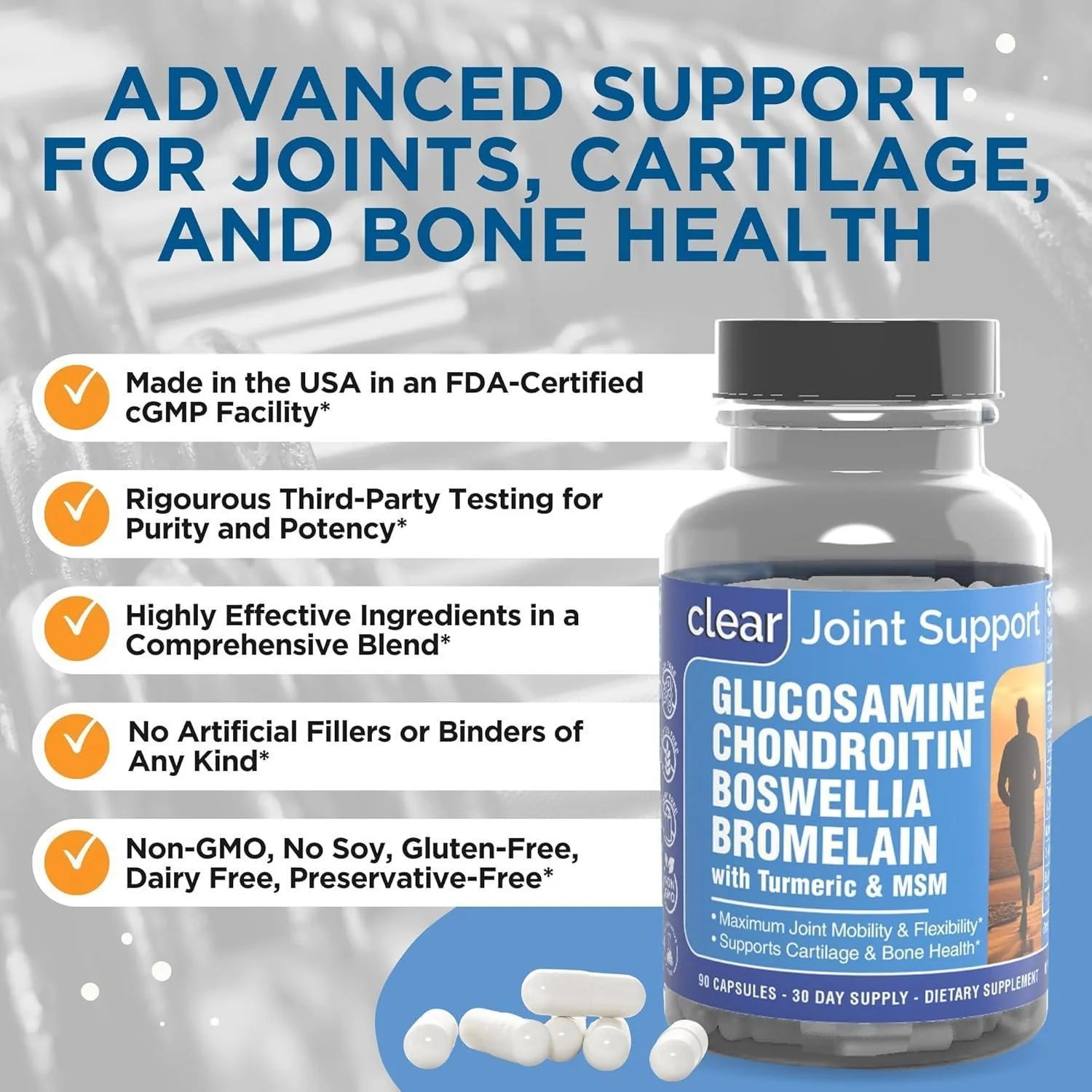Clear Joint Support Supplement with Glucosamine, Chondroitin, MSM, and Boswellia - 90 Capsules