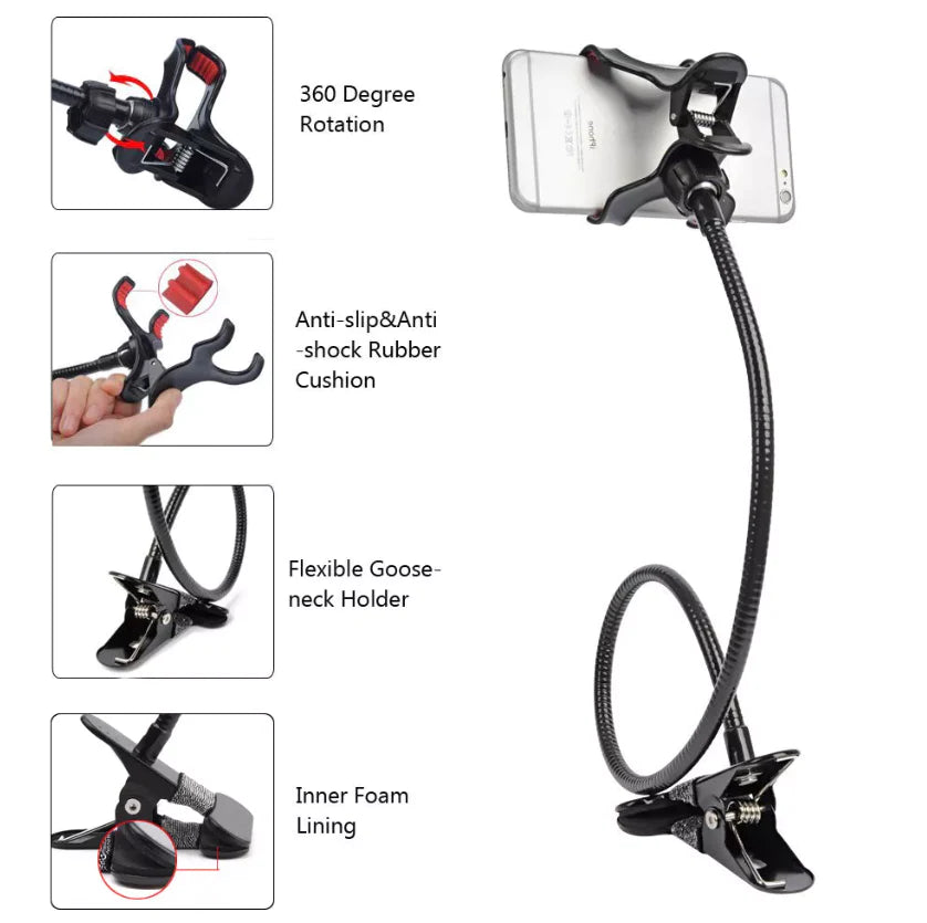 Universal Flexible Gooseneck Stand Holder for Mobile Phones with Clip for Bed, Desk, and Table Use